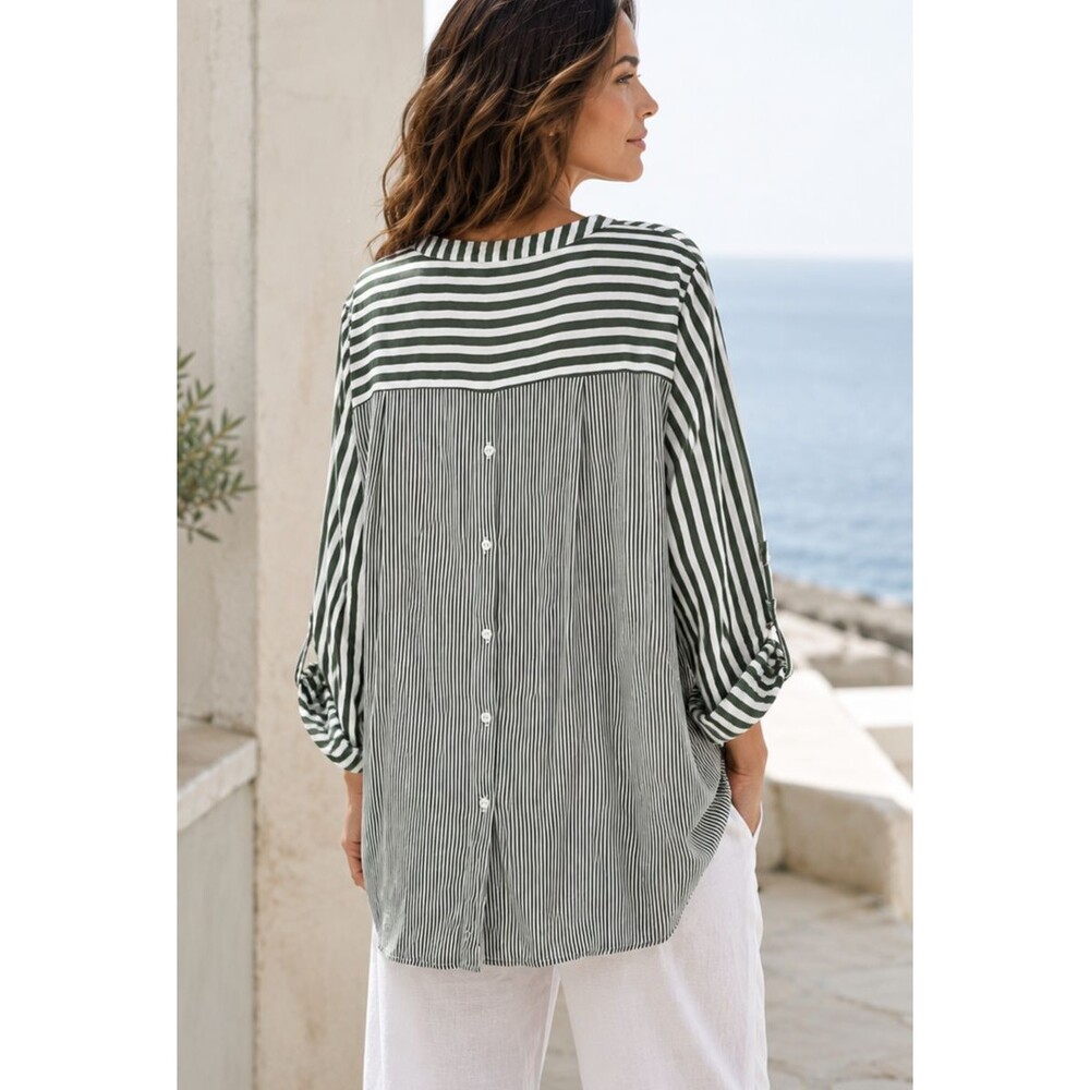 Women’s Oversized Green Stripe Rayon Tunic Dual Button Dolman Resort Top 1X